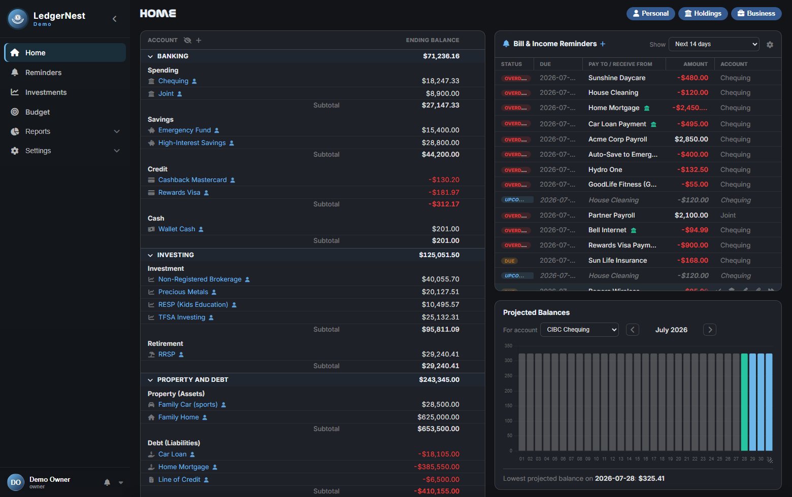 Home — every account grouped by Banking, Investing and Property & Debt, plus upcoming bills and a projected-balance chart.